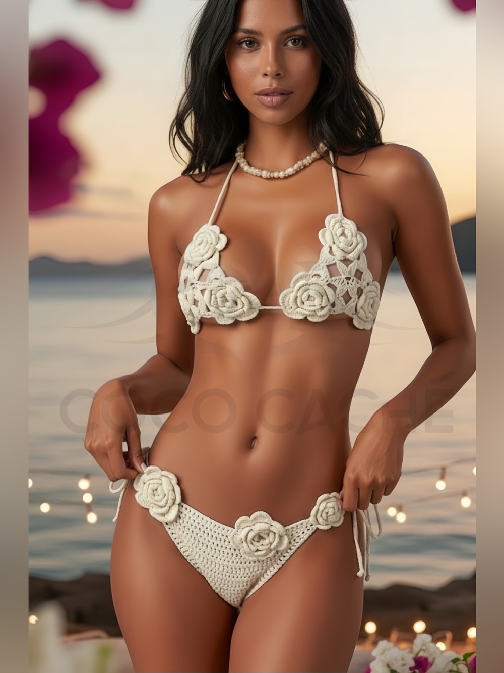 Crochet Two Piece Matching Cream Bikini Set Wedding Swimsuit